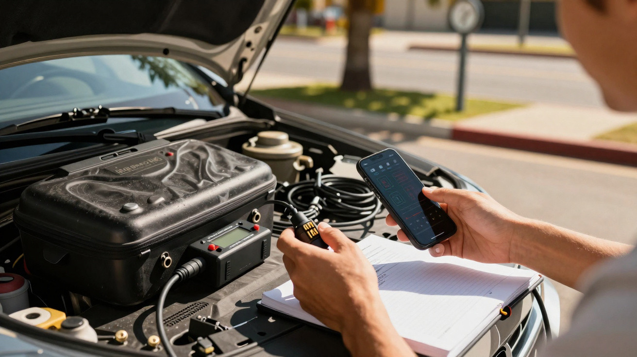 Pessoa a usar telemóvel para testar diagnóstico eletrónico no motor aberto de um carro durante manutenção.