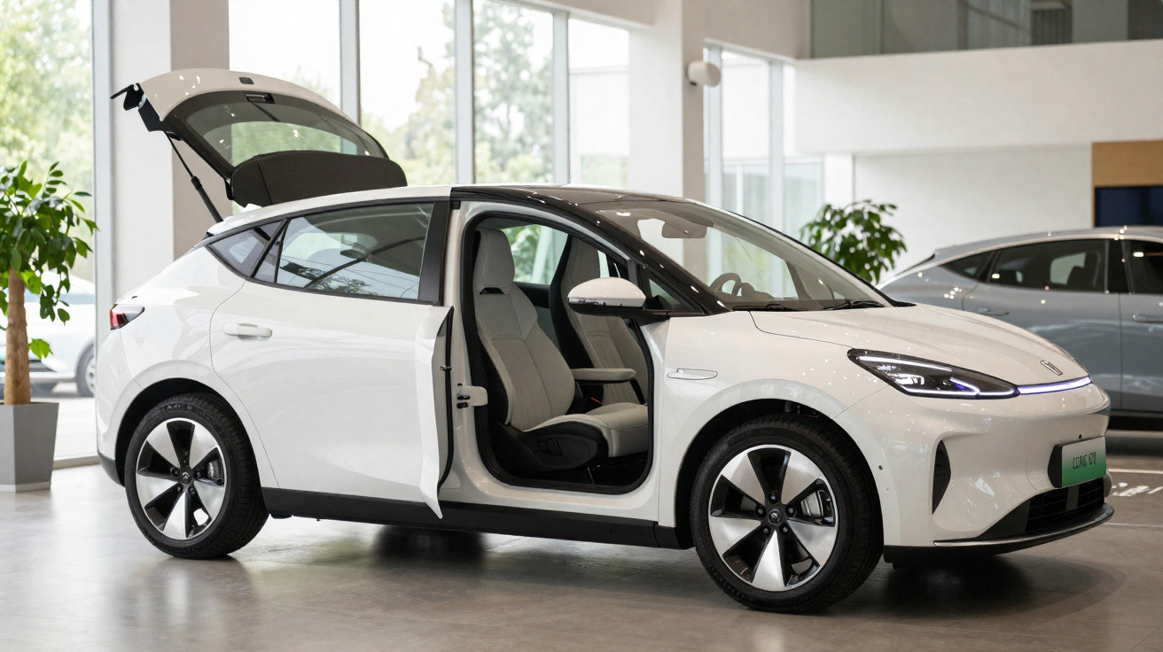 Carro elétrico branco com porta da frente e porta da mala abertas em exposição interior.