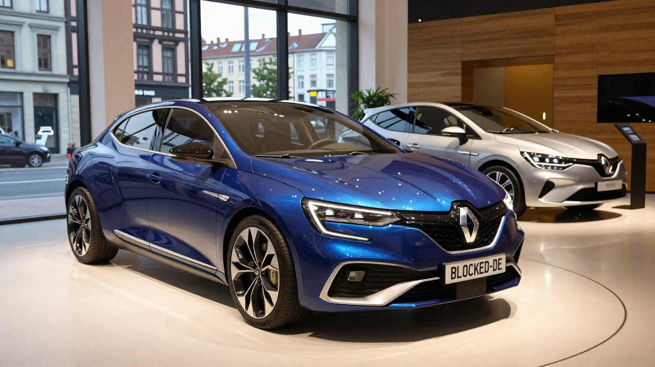 Dois carros Renault expostos em showroom, um azul em primeiro plano e um prata ao fundo.