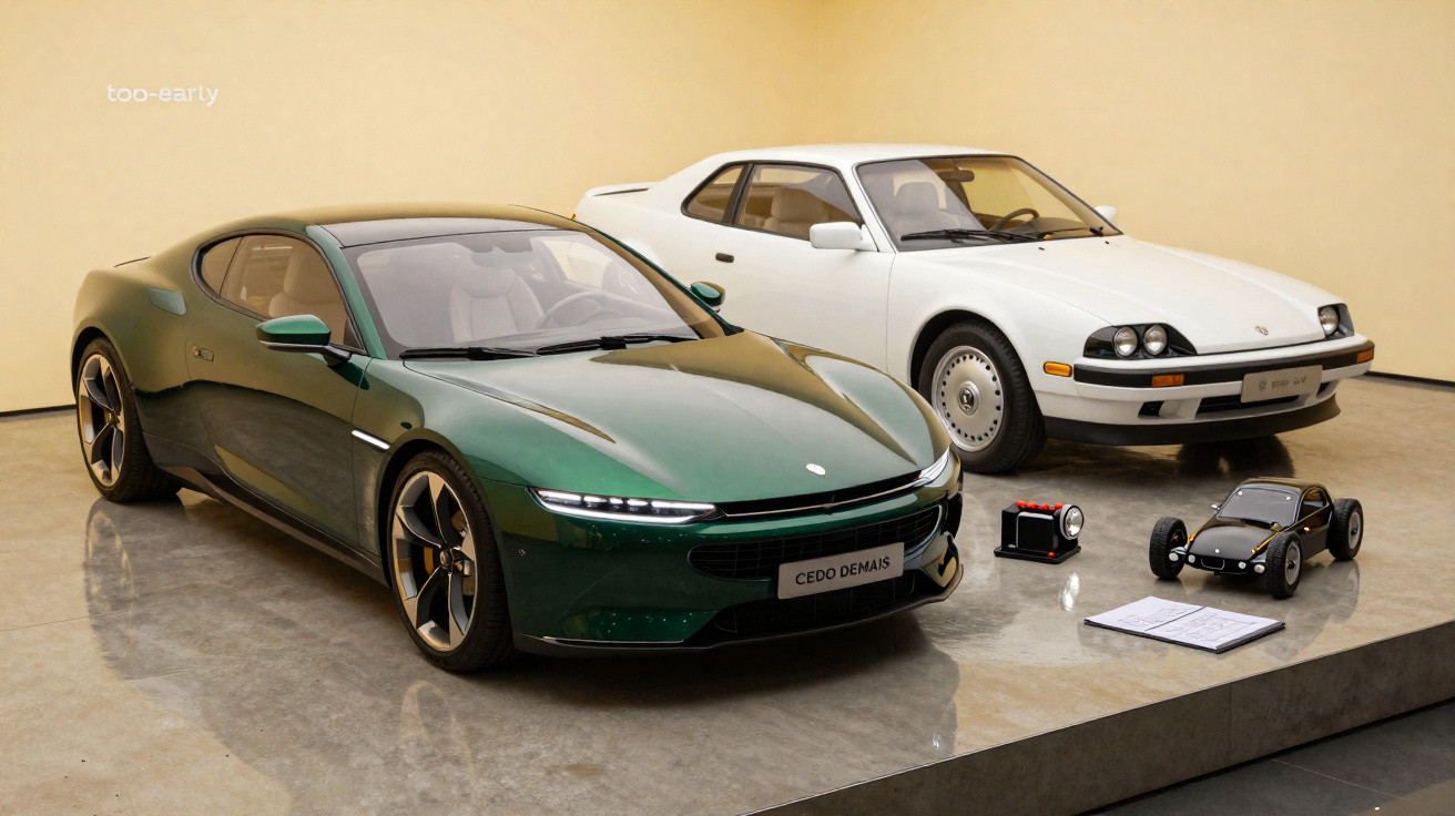 Dois carros estacionados lado a lado, um verde moderno e outro branco clássico, em exposição com miniaturas e objetos.