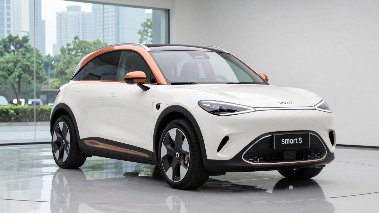 Carro elétrico Smart 5 branco com detalhes castanhos exposto num salão moderno.