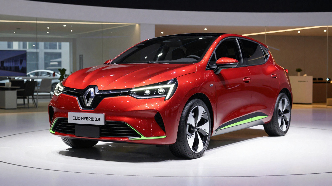 Renault Clio Hybrid 3.9 vermelho exibido em ambiente moderno com luzes e reflexos brilhantes.