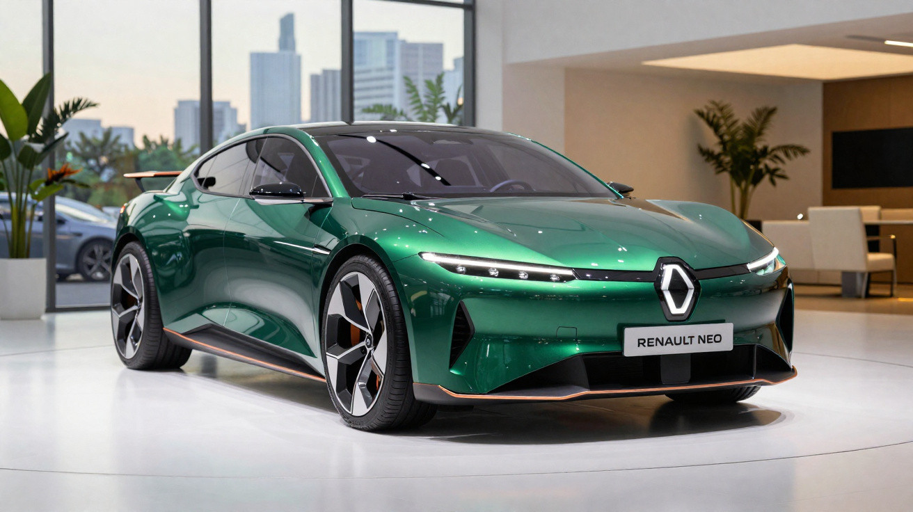 Carro desportivo elétrico Renault Neo verde exibido num showroom moderno com janelas panorâmicas.
