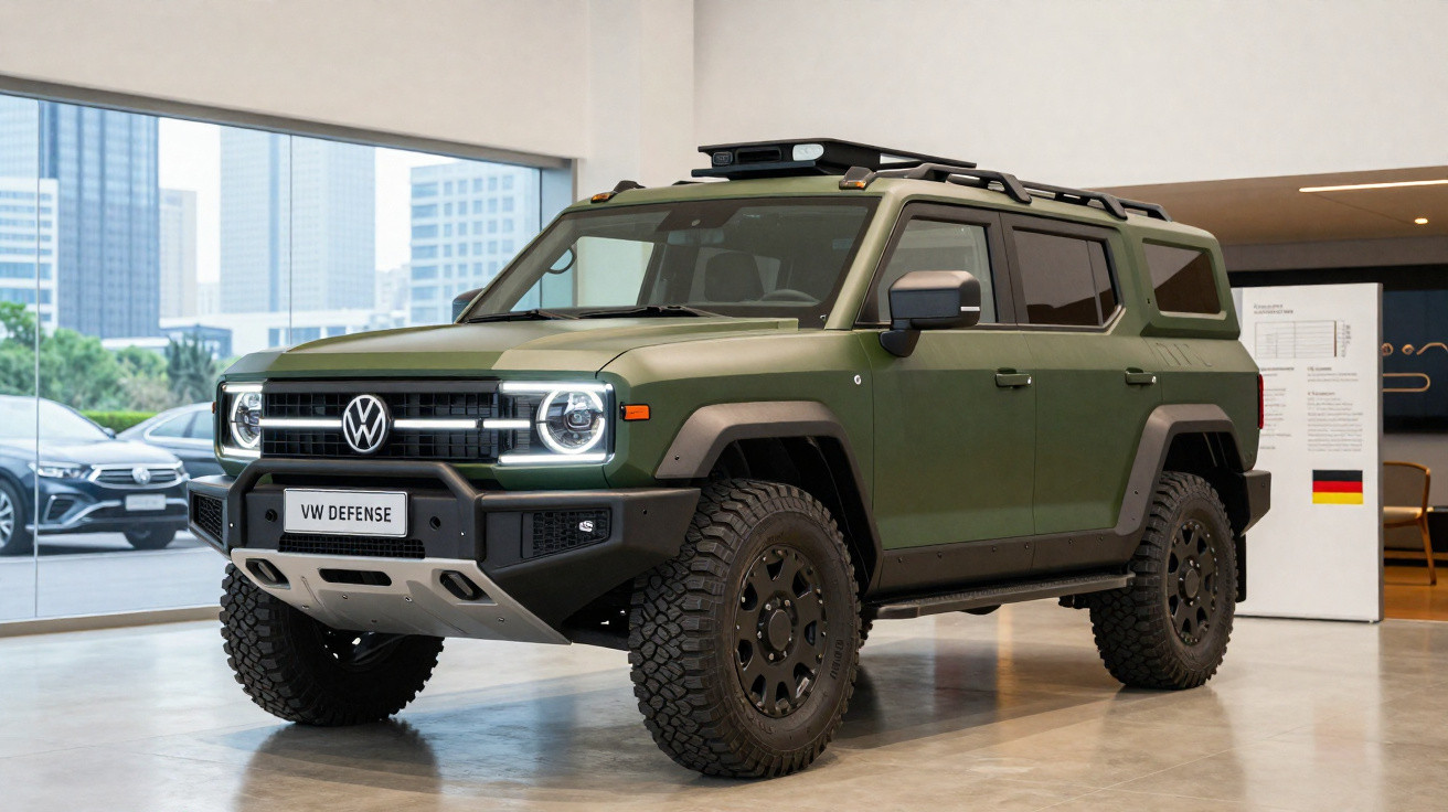 Veículo todo-o-terreno VW Defense verde militar estacionado em espaço interior moderno.