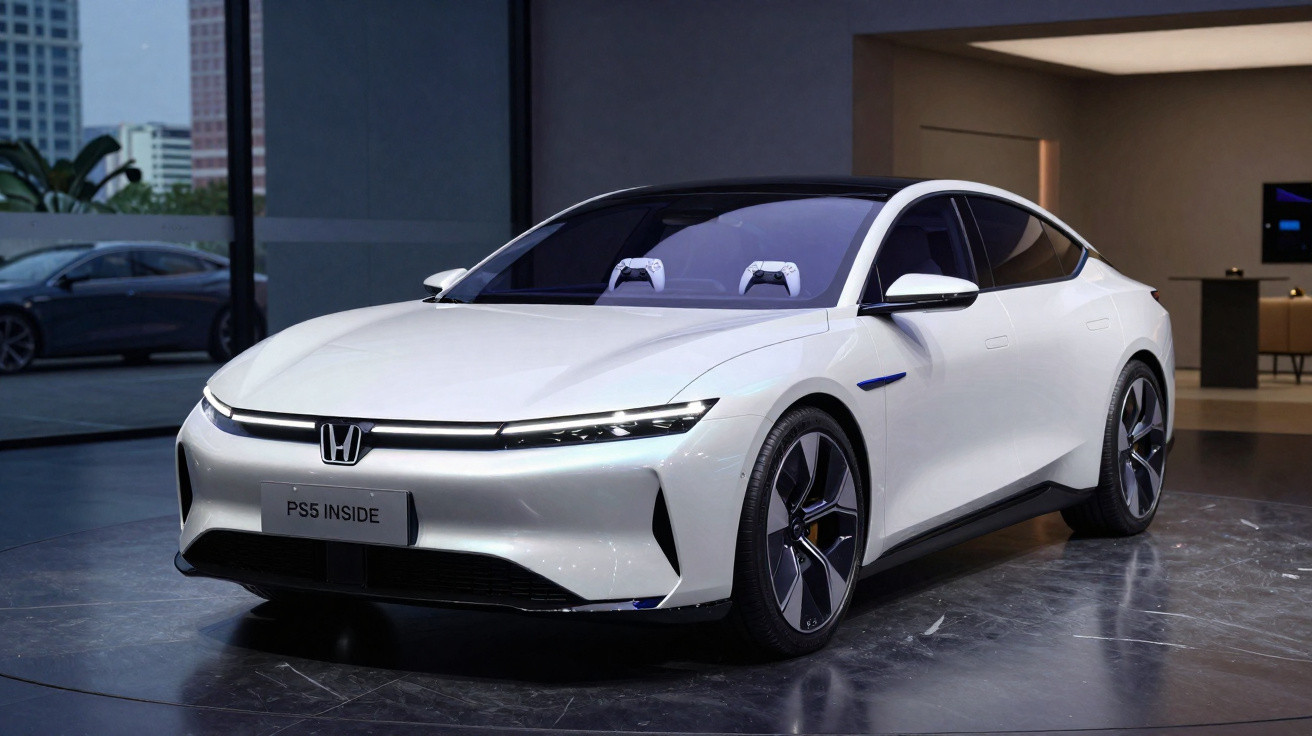 Carro elétrico branco Honda com comandos PS5 visíveis no interior e placa frontal "PS5 INSIDE" em ambiente fechado.