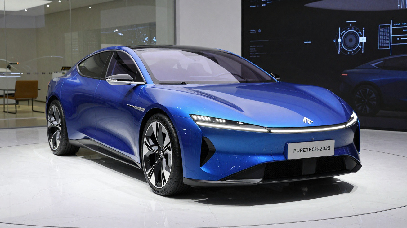 Carro eléctrico desportivo azul exposoto em salão, com design futurista e placa a indicar PureTech-2025.