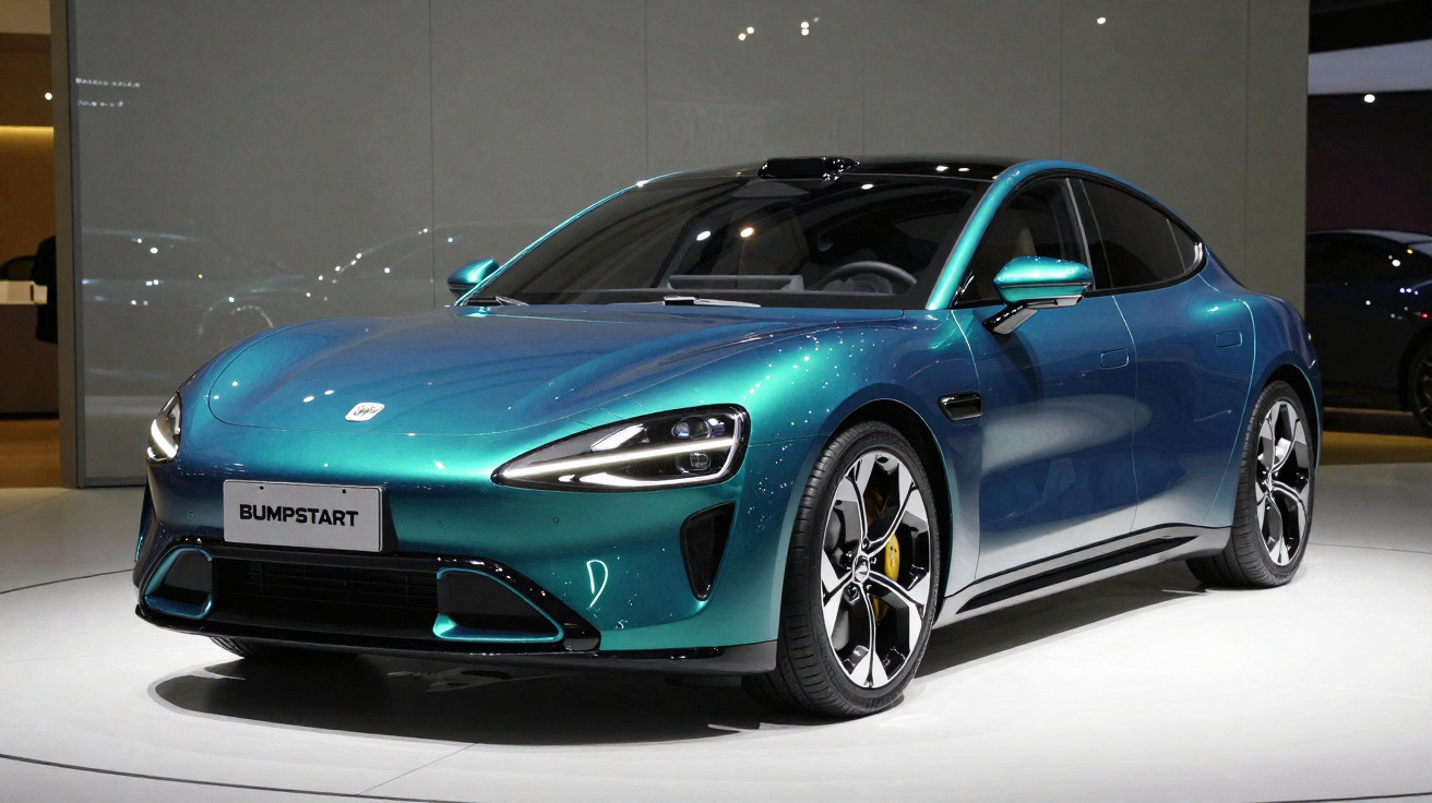 Carro desportivo elétrico azul metálico com design moderno e linhas aerodinâmicas exposto em stand.