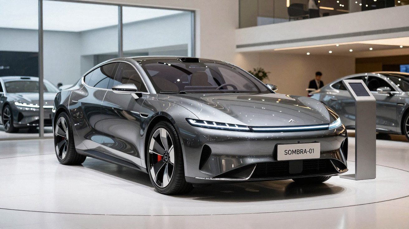 Carro elétrico cinzento Sombra-01 exibido em showroom moderno e minimalista.