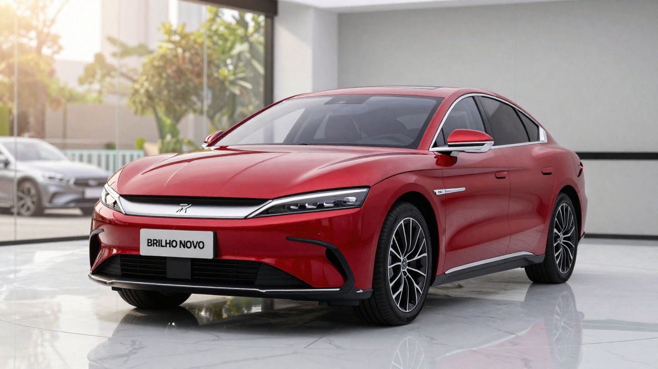 Carro elétrico vermelho moderno numa sala com chão de mármore branco e janela grande ao fundo.