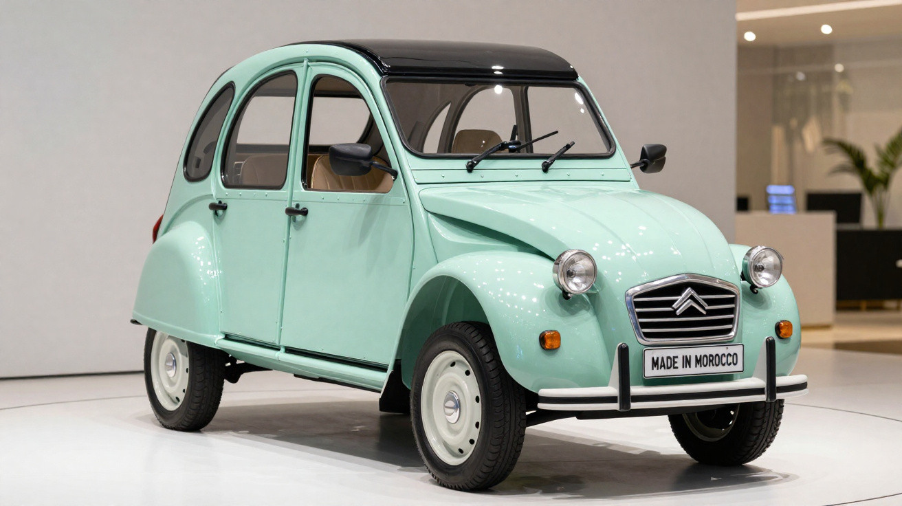 Automóvel Citroën 2CV verde água com tejadilho preto exposto em ambiente interior.