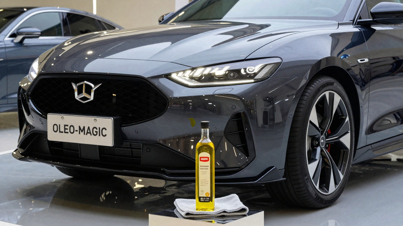 Carro cinzento brilhante com faróis acesos e garrafa de óleo sobre pano em exposição interior.