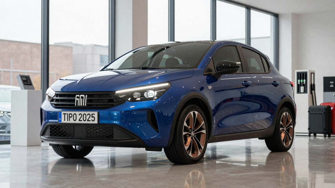 Carro azul Fiat TIPO 2025 apresentado numa sala de exposição moderna com janelas grandes.