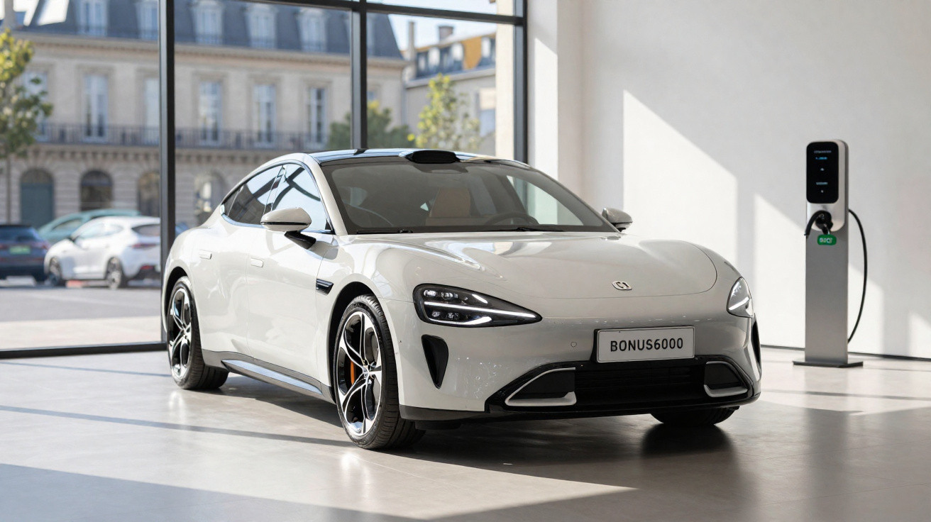 Carro elétrico branco estacionado junto a posto de carregamento num espaço interior iluminado por luz natural.