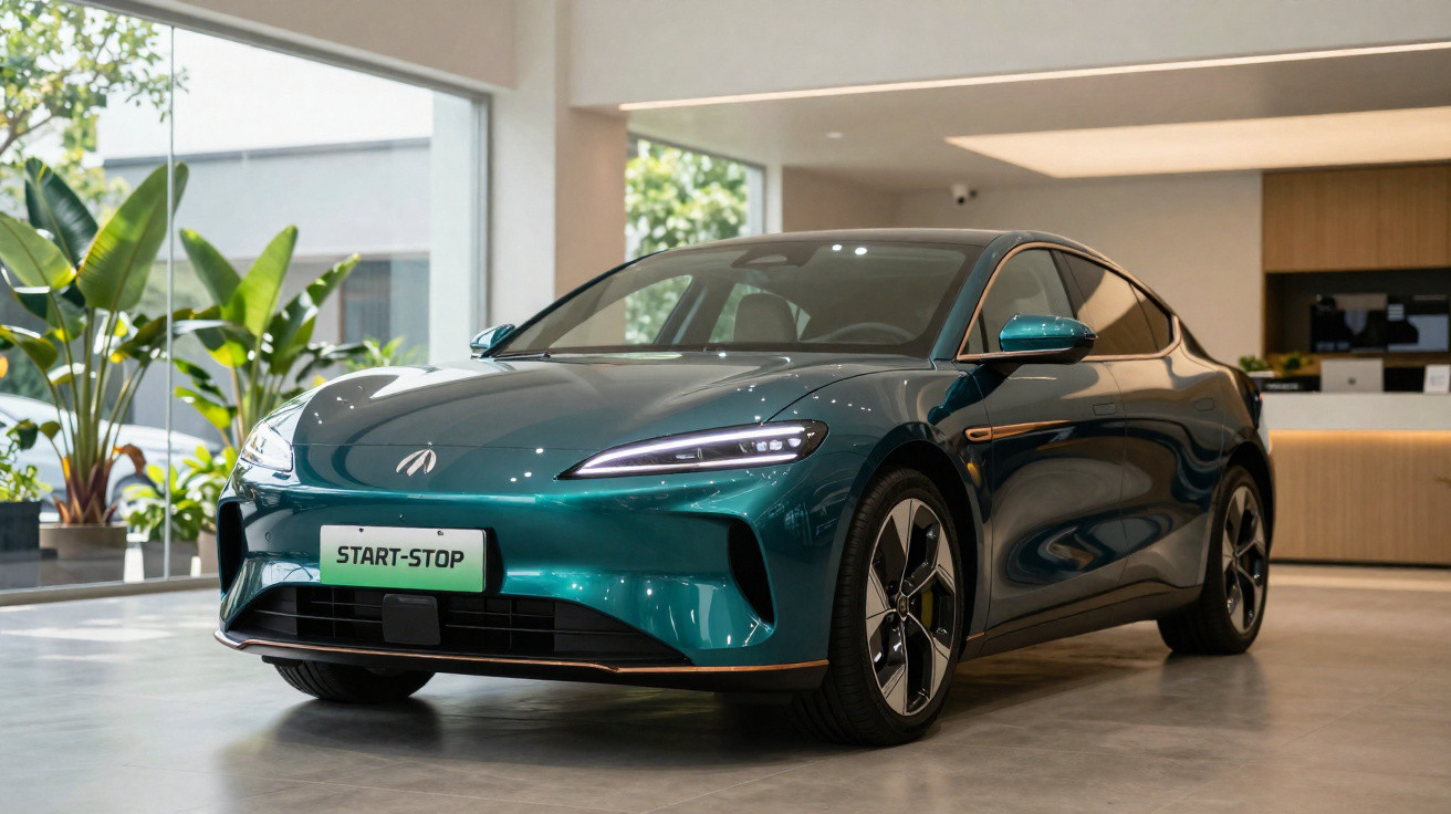 Carro elétrico verde metálico num espaço interior moderno com plantas e iluminação natural.