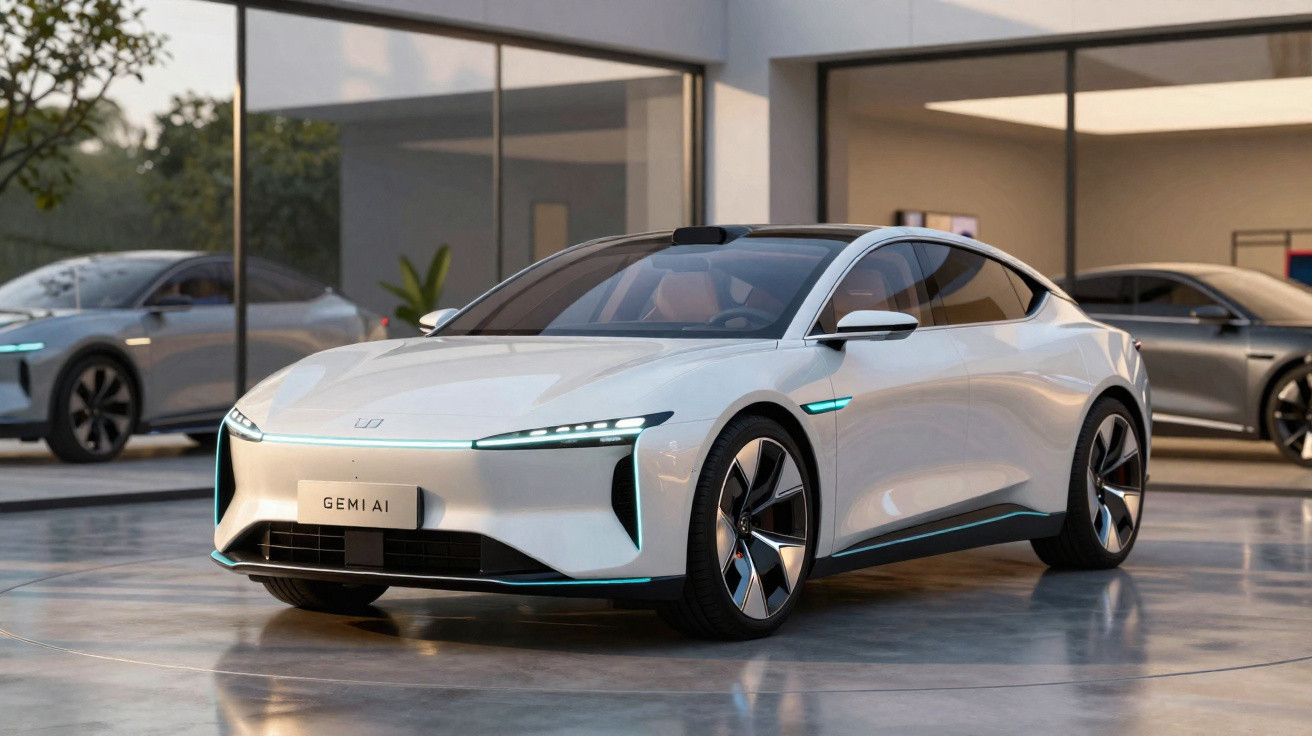 Carro elétrico branco futurista estacionado frente a uma casa moderna com grandes janelas de vidro.
