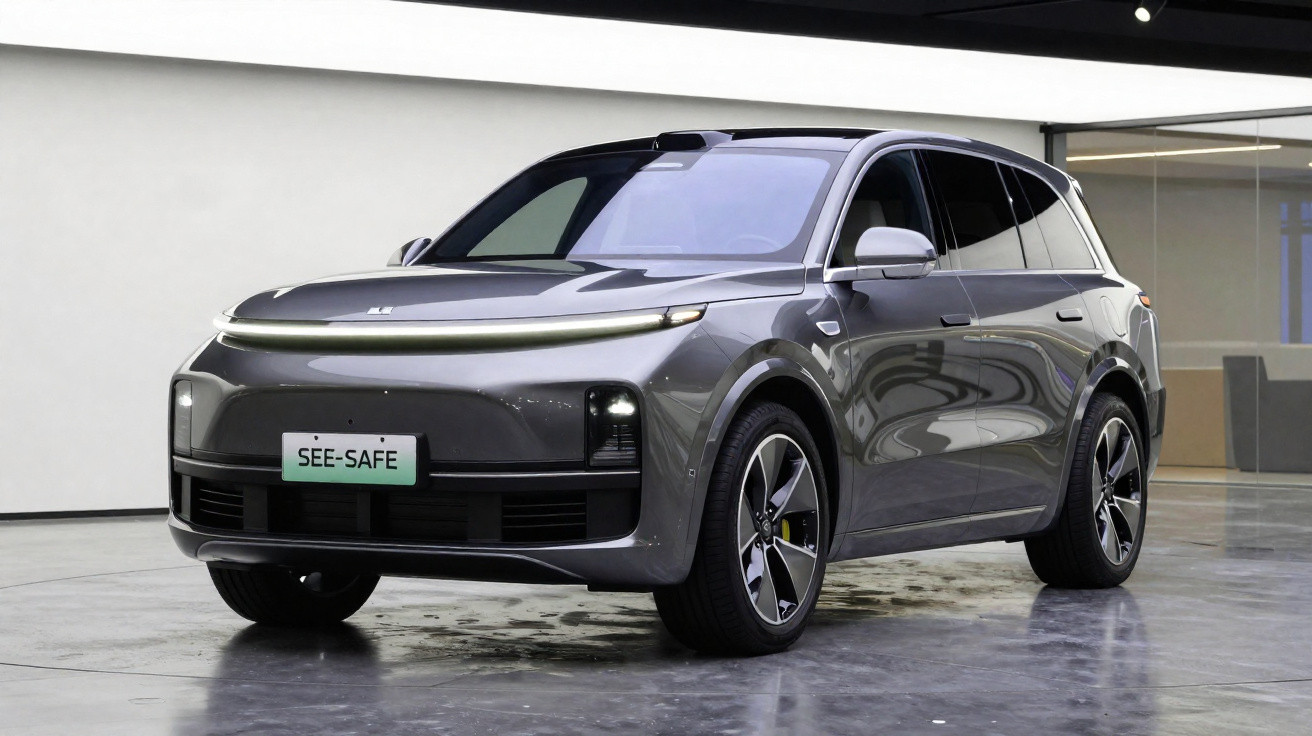 Carro elétrico cinzento Volkswagen ID. CROZZ estacionado num espaço interior moderno.