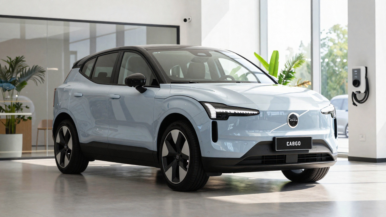 Carro elétrico Volvo C40 Recharge Eargo azul claro estacionado em showroom moderno e luminoso.