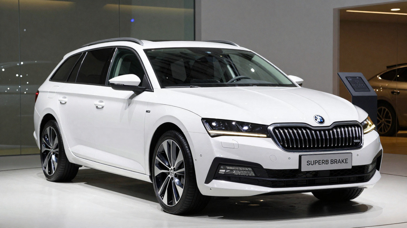 Carro familiar branco Škoda Superb Brake estacionado em interior moderno com iluminação branca.