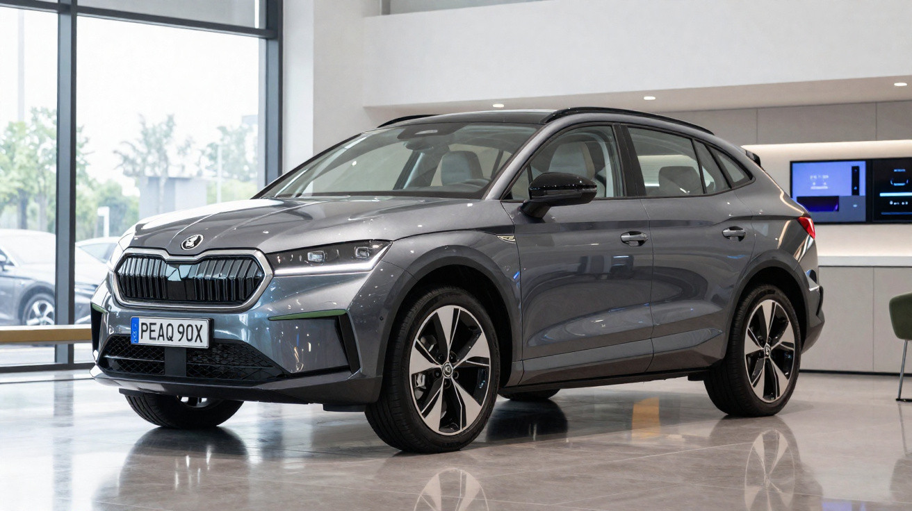 Carro elétrico Skoda Enyaq iV cinzento exposto em showroom moderno com grandes janelas e iluminação branca.