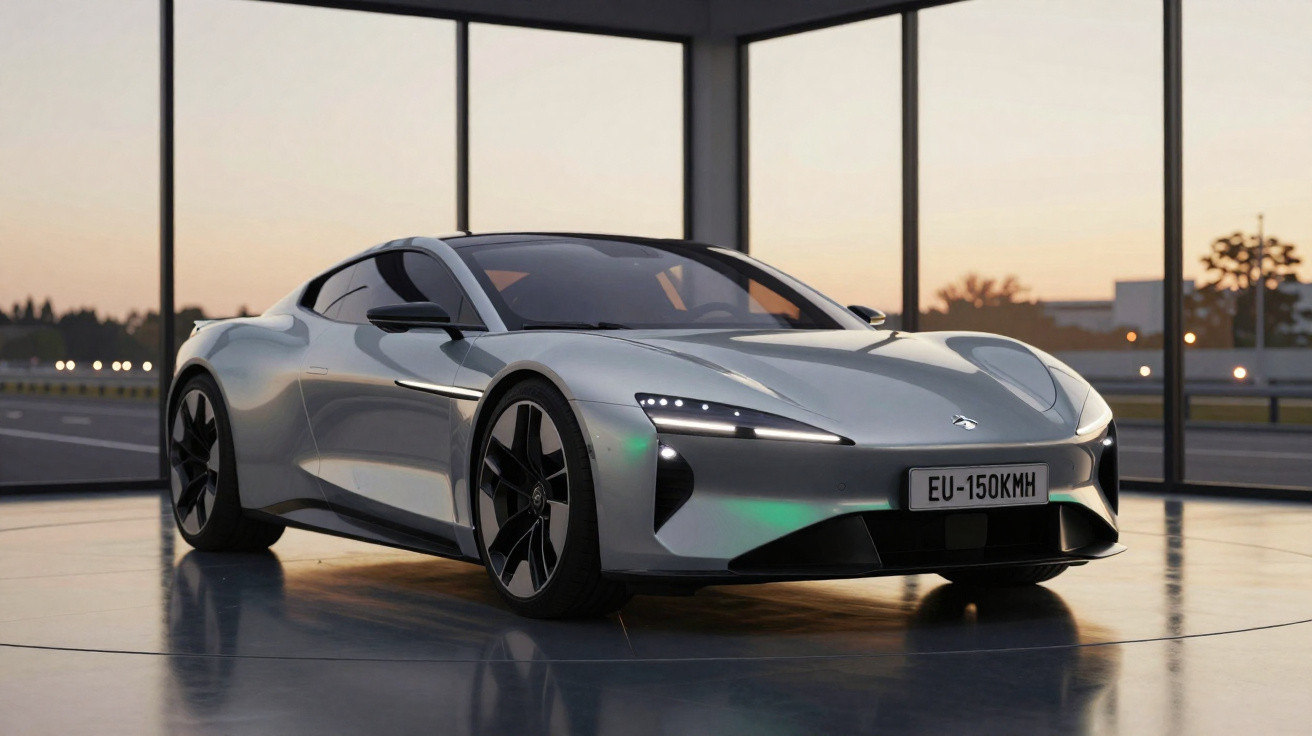 Carro elétrico desportivo cinza estacionado em espaço interior moderno com janelas amplas ao entardecer.