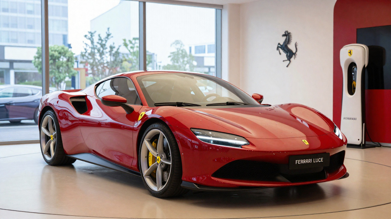 Carro desportivo vermelho Ferrari exposto numa sala clara com mobiliário e decoração Ferrari.