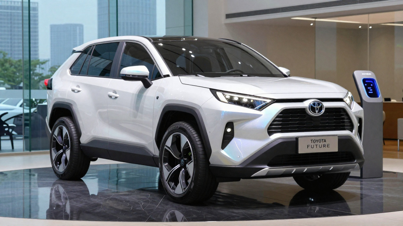 Carro SUV branco Toyota Future estacionado em showroom moderno com parede de vidro e estação de carregamento.