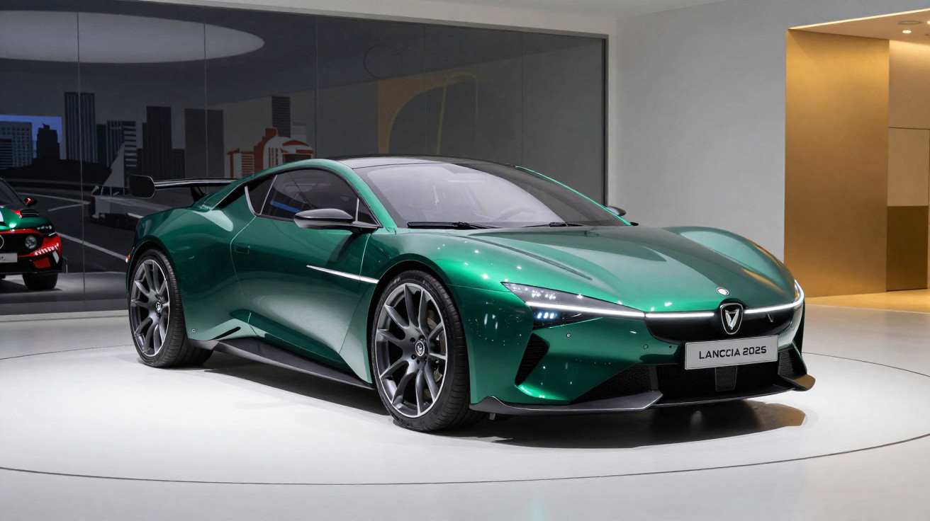 Carro desportivo verde metálico Lancia 2025 exibido em ambiente moderno e minimalista.