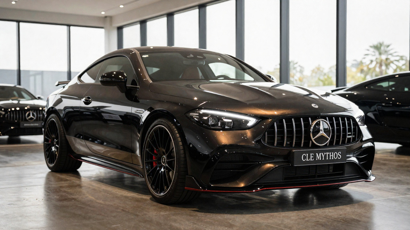 Carro desportivo preto Mercedes-Benz coupe exibido num salão com iluminação natural.