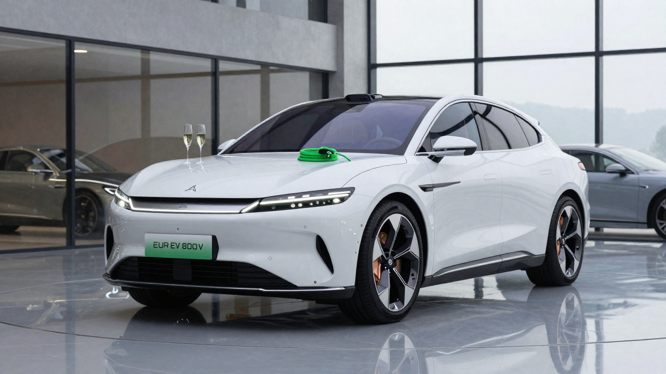 Carro elétrico branco moderno estacionado em showroom com duas taças de champanhe no capot.