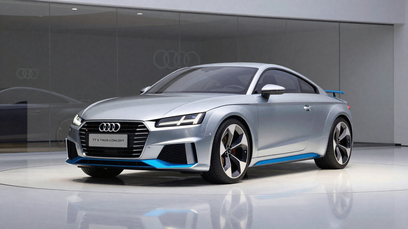 Carro desportivo Audi TT e-tron concept prateado com detalhes azuis num showroom minimalista.