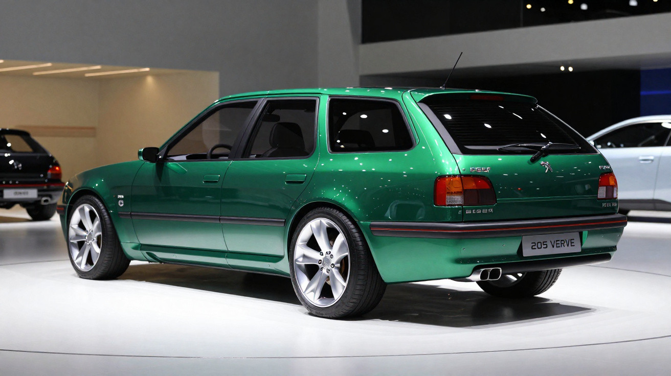 Carro Peugeot 205 verde metálico estacionado em exposição, vista traseira lateral direita.