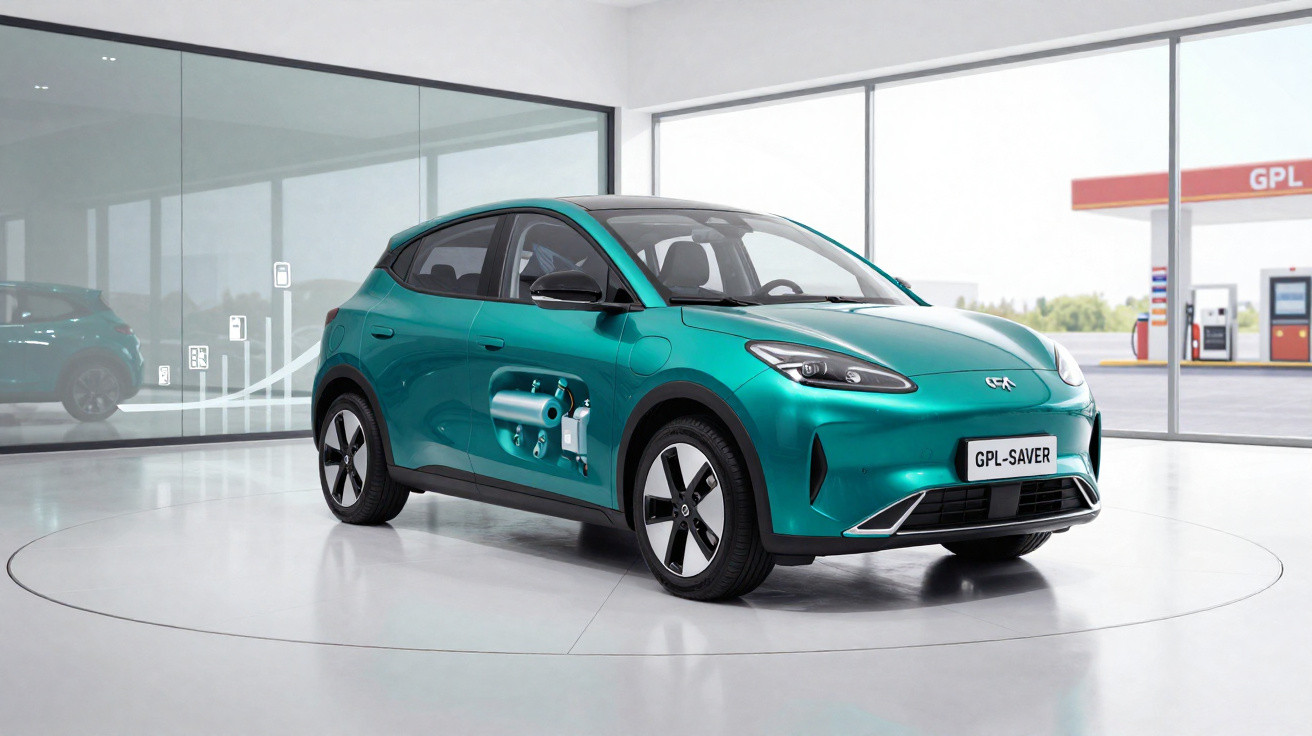 Carro elétrico verde num showroom com janela para posto de abastecimento GPL.