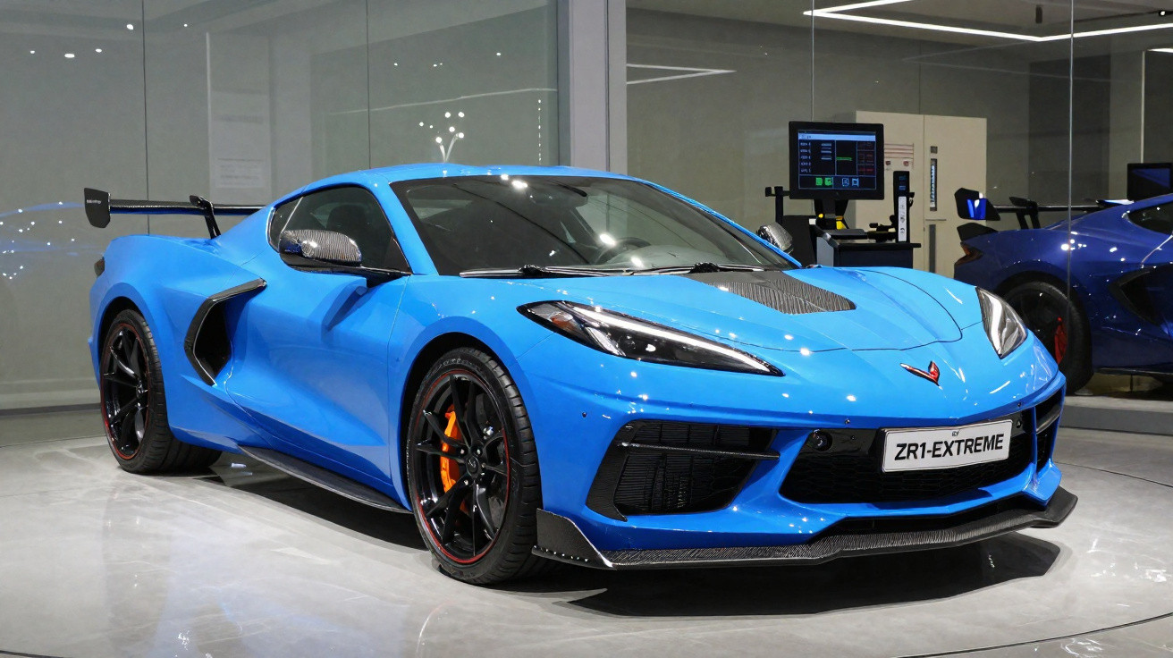 Carro desportivo azul Chevrolet Corvette ZR1-Extreme em exposição, com pneus pretos e pinças de travão laranja.