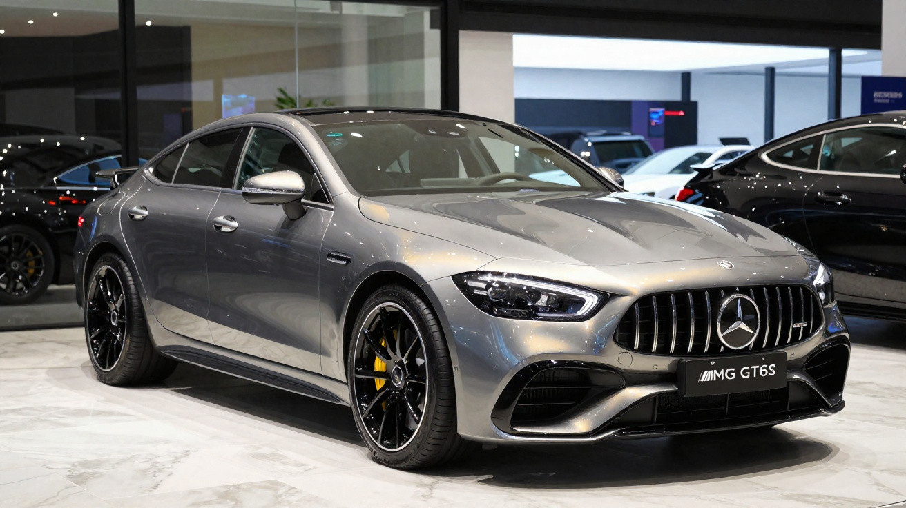 Carro desportivo Mercedes AMG GT 63 S cinzento metalizado exposto numa sala de vendas moderna.