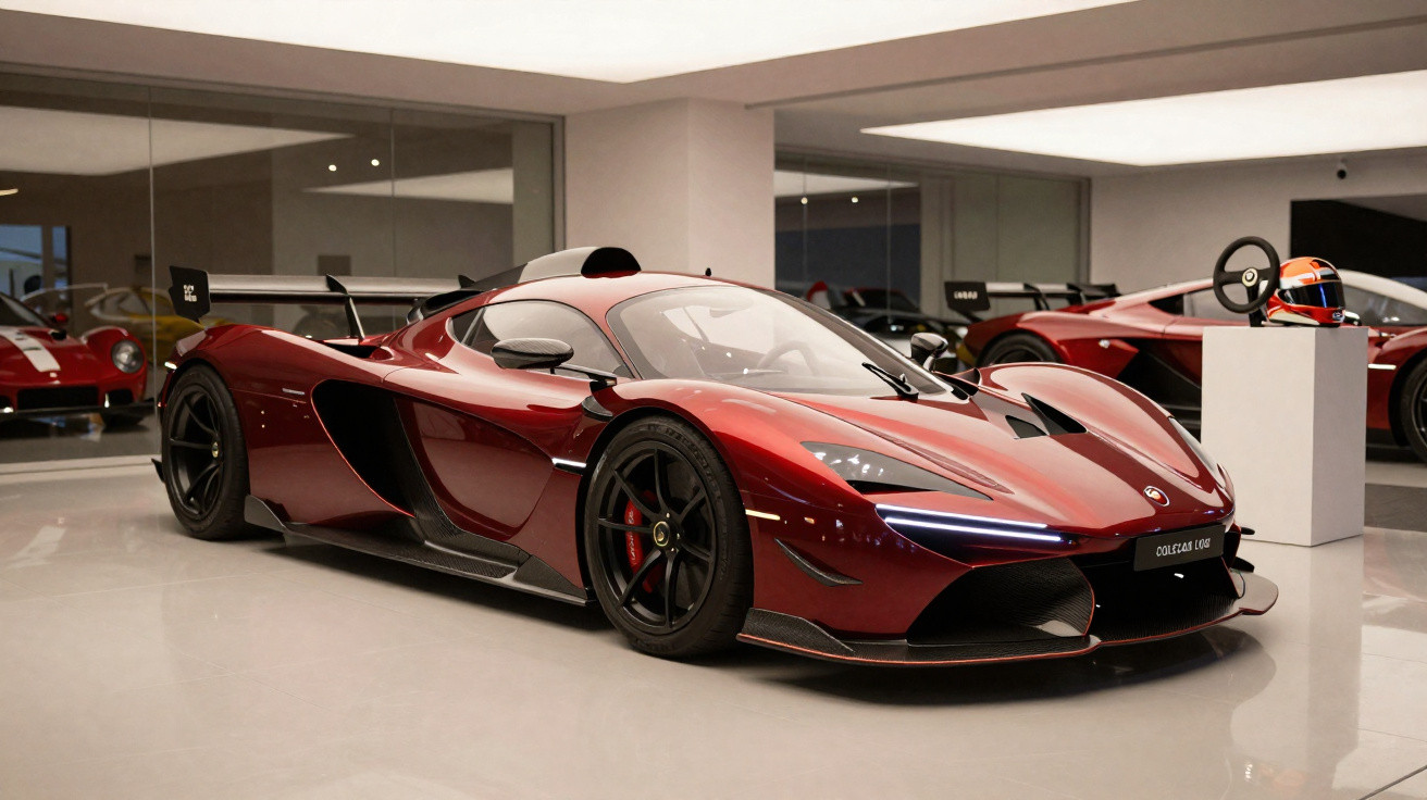 Carro desportivo vermelho metálico com design aerodinâmico em exposição num salão moderno.
