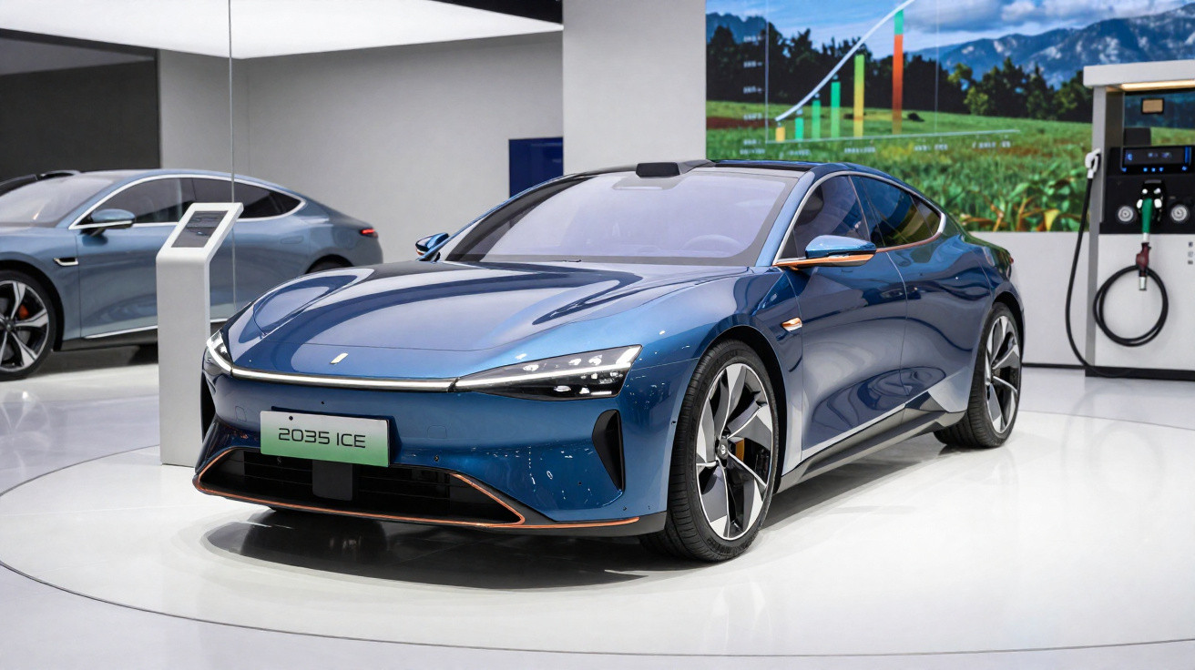 Carro elétrico azul com design moderno exposto numa sala de showroom, à frente de ecrã informativo e estação de recarga.