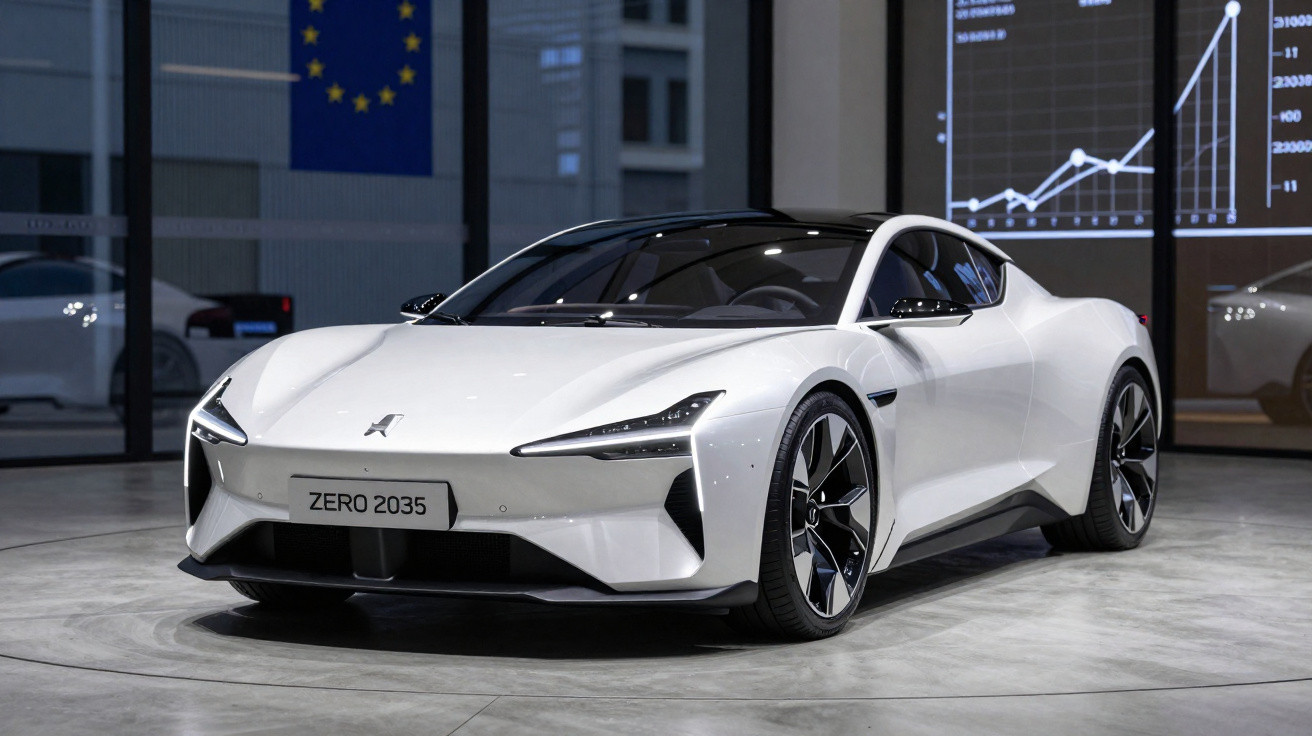 Carro desportivo branco elétrico futurista Zero 2035 exibido numa sala moderna com gráfico e bandeira da UE ao fundo.