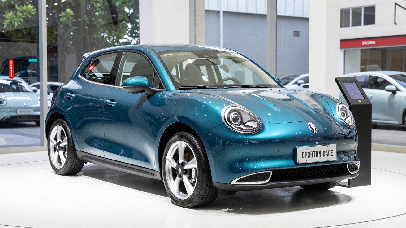 Carro elétrico urbano azul metálico em exposição numa feira automóvel, com luz natural refletida na pintura.