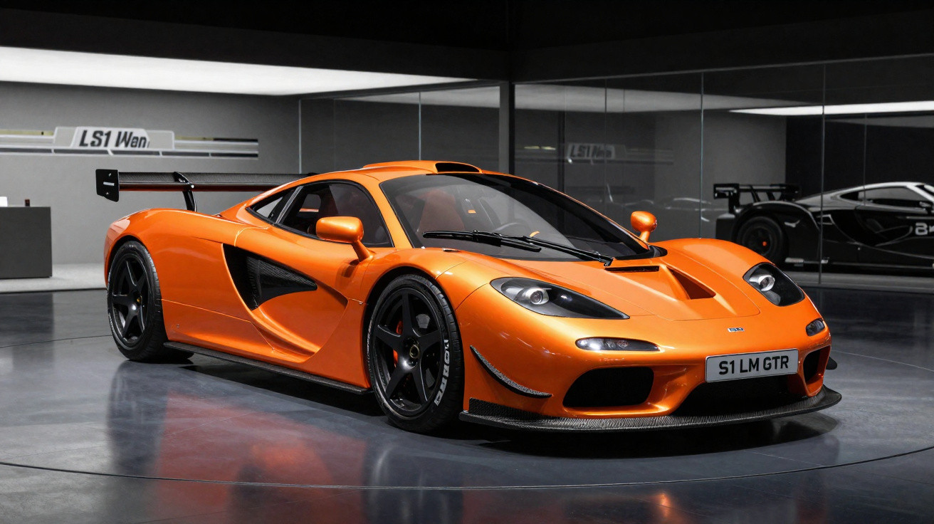 Carro desportivo laranja McLaren S1 LM GTR estacionado em ambiente interior moderno com chão refletor.