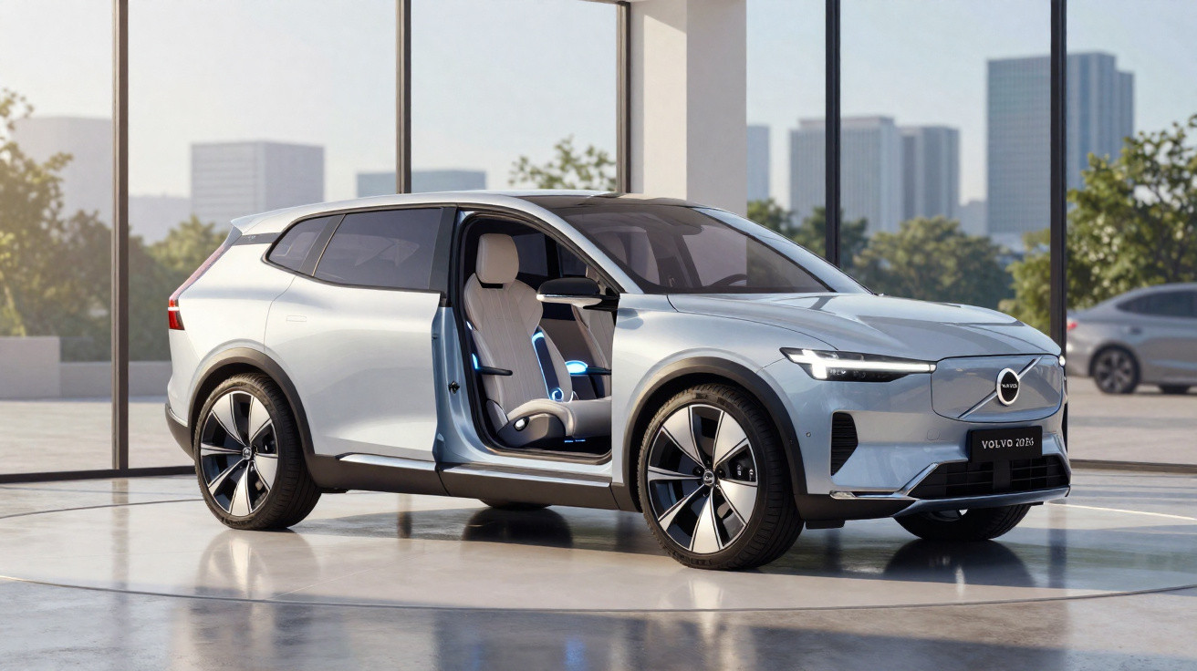 SUV elétrico Volvo cinzento com porta traseira aberta numa sala com grandes janelas e vista urbana.