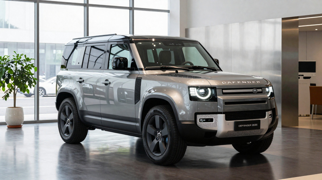 Carro SUV Land Rover Defender cinzento exposto num espaço interior moderno com chão brilhante.