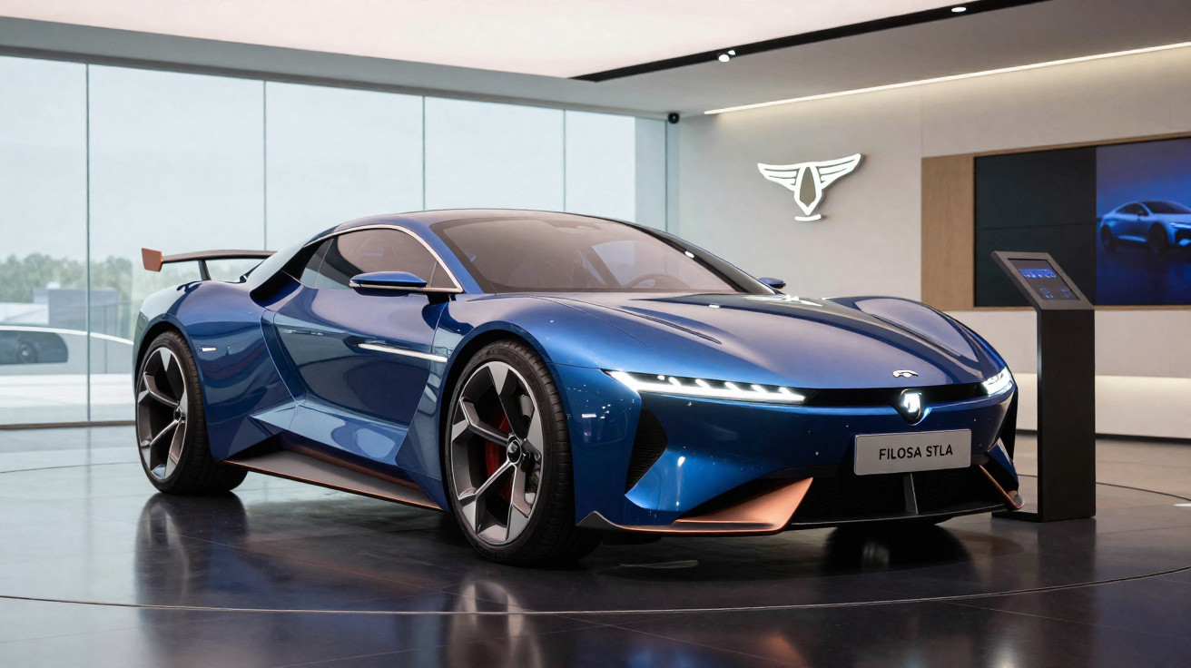 Carro desportivo elétrico azul em exibição num showroom moderno com iluminação LED branca.