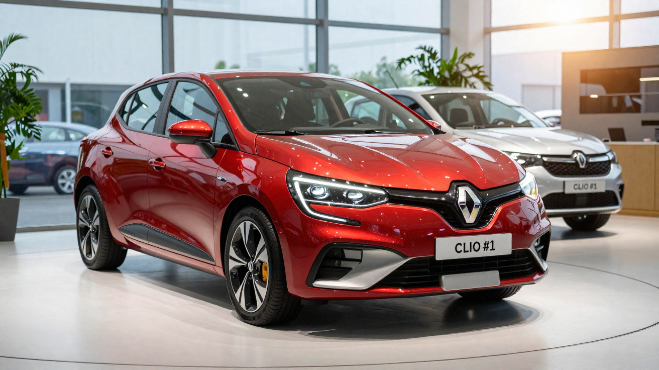 Dois carros Renault Clio expostos em showroom, com destaque para o modelo vermelho em primeiro plano.