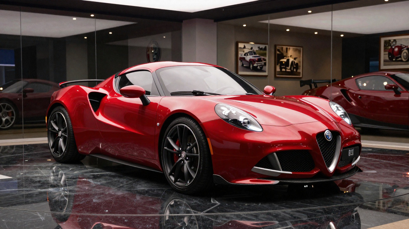 Carro desportivo vermelho Alfa Romeo 4C em exposição numa sala com chão de mármore e espelhos nas paredes.