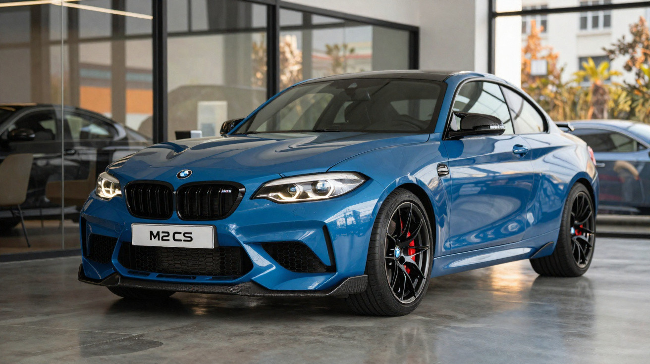 BMW M2 CS azul metálico estacionado em piso interior com jantes pretas desportivas e pinças de travão vermelhas.