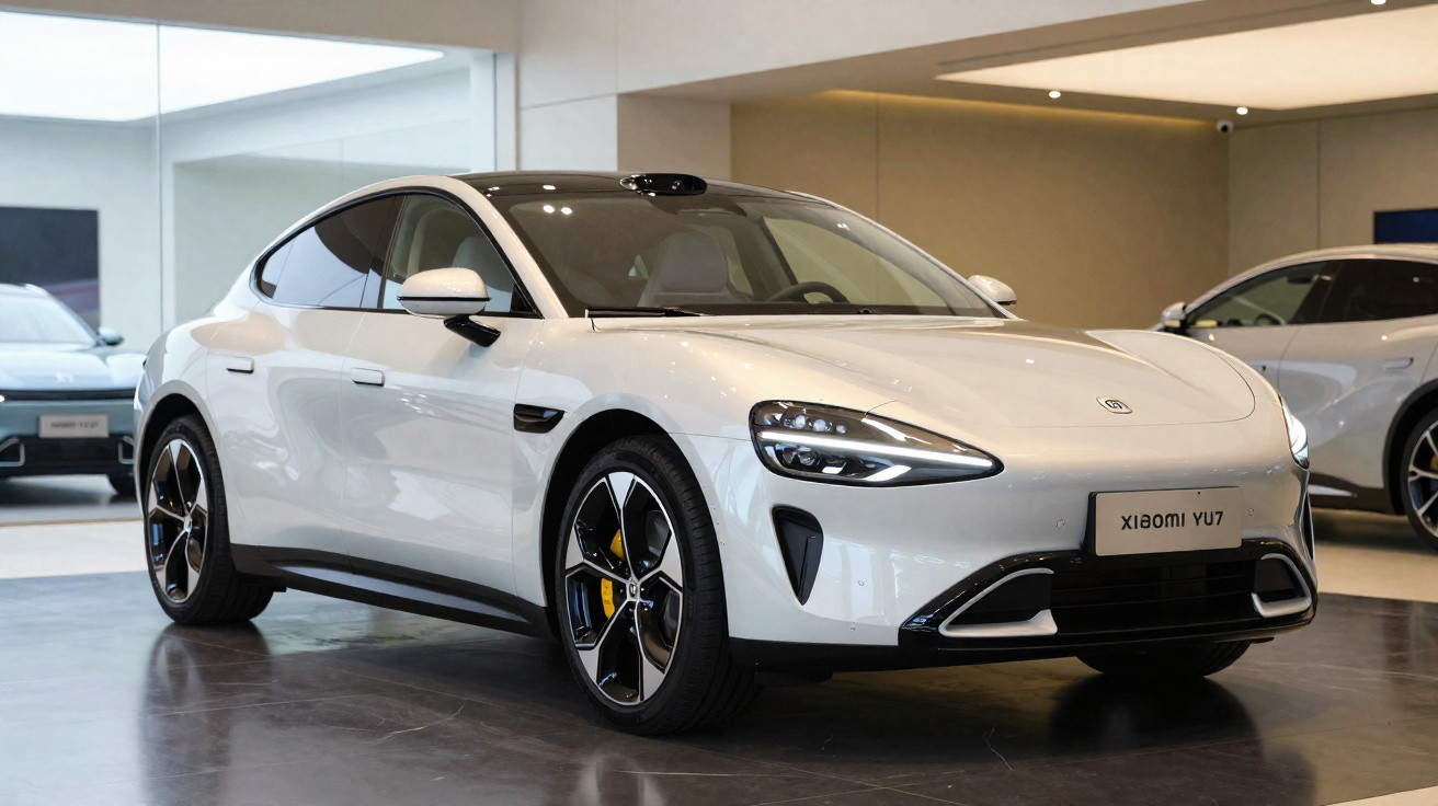 Carro elétrico branco Xiaomi YU7 exposto em showroom moderno, vista frontal e lateral direita.