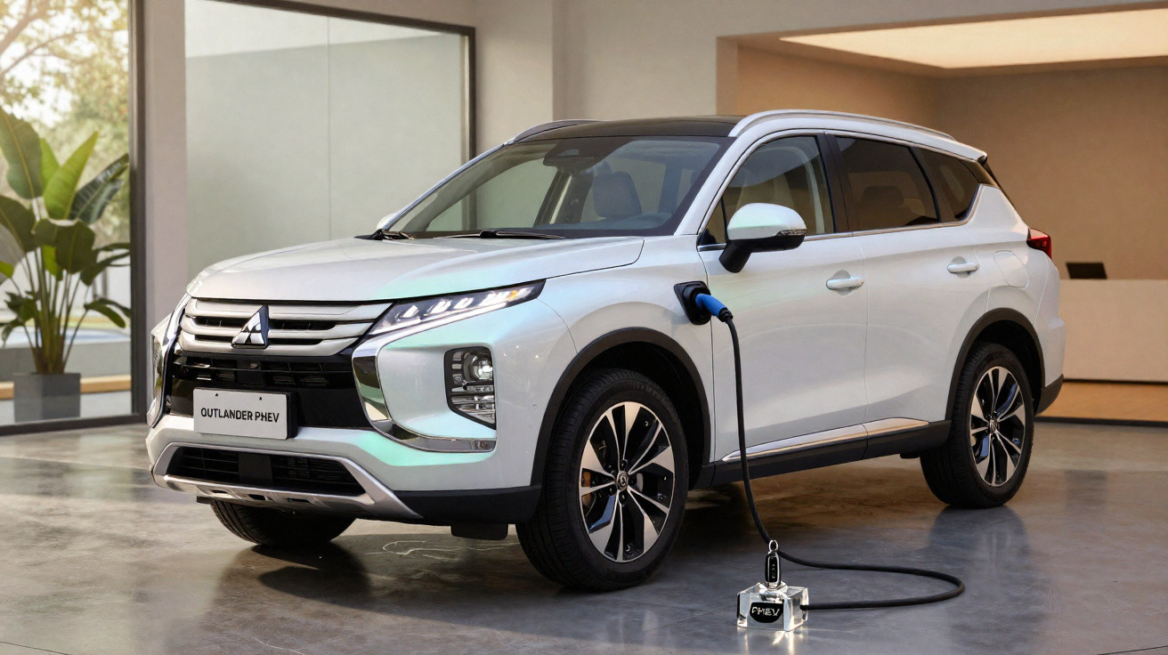 Carro SUV Mitsubishi Outlander PHEV branco a ser carregado numa estação de carregamento interior moderna.
