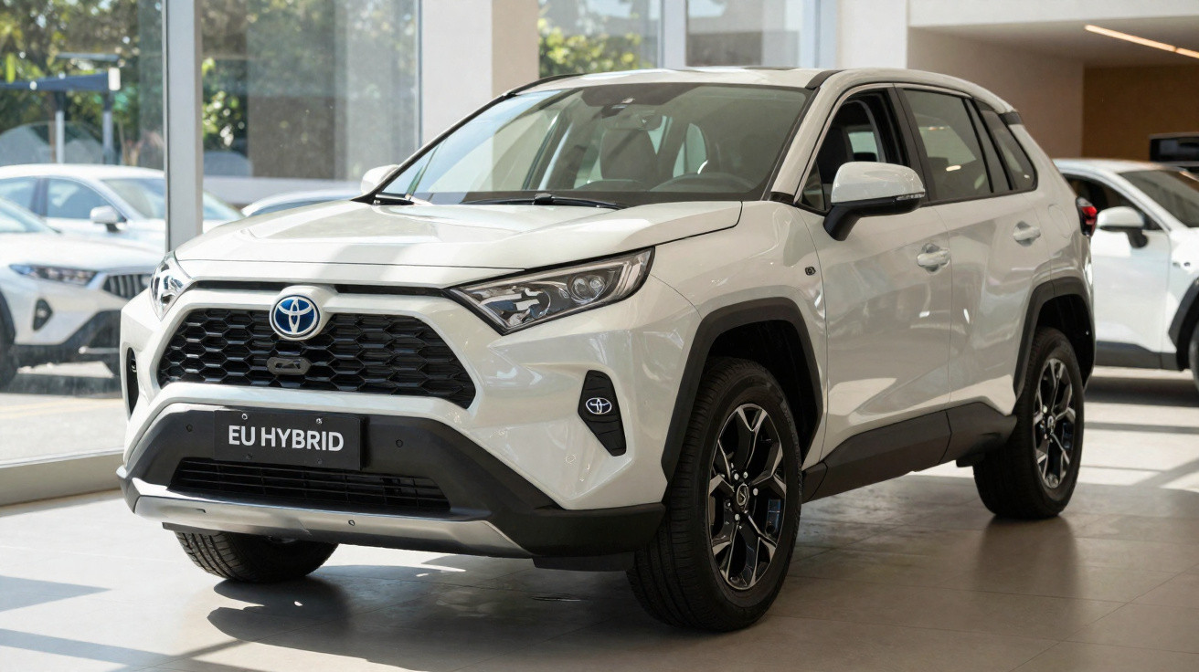 Carro Toyota SUV branco híbrido em exposição numa sala luminosa com grandes janelas e outros veículos.