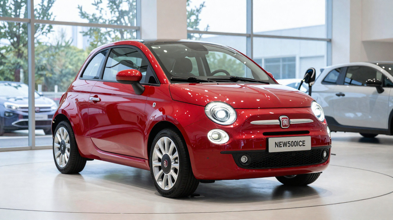 Carro elétrico Fiat 500 vermelho em exposição num salão moderno com grandes janelas.