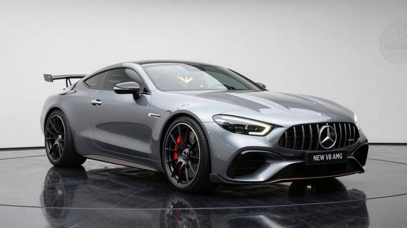 Carro desportivo cinza Mercedes-Benz AMG V8 num estúdio com fundo branco e chão reflector.